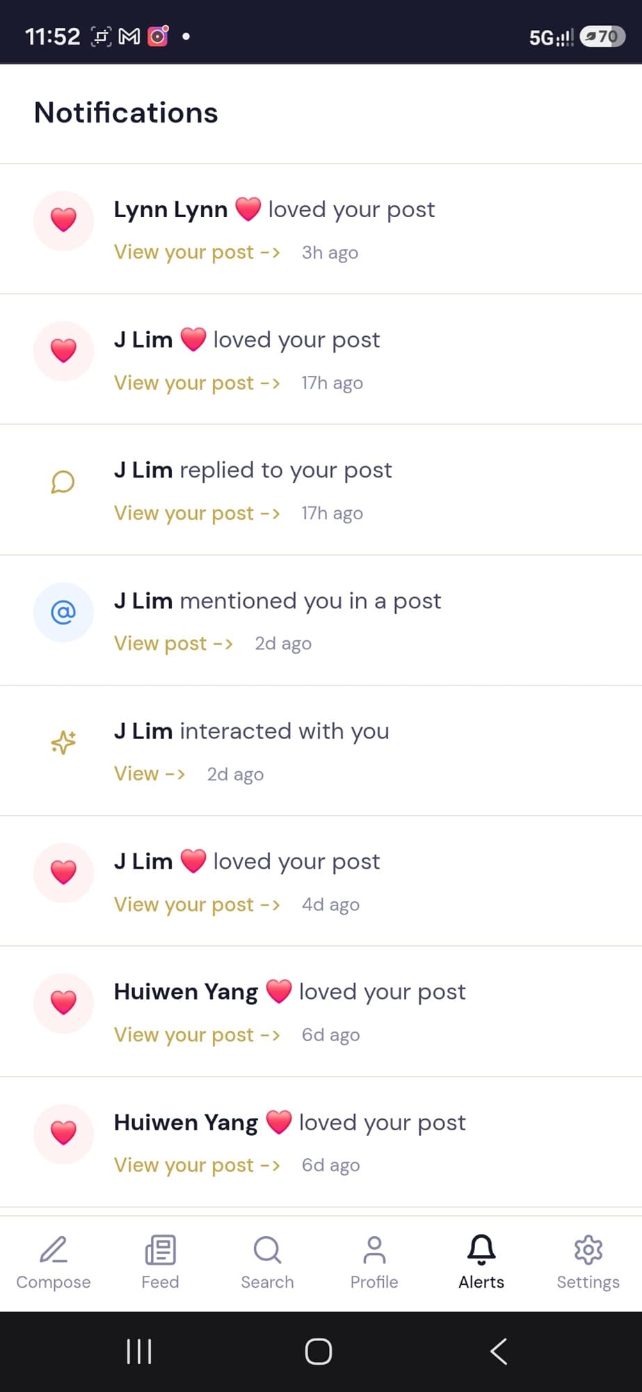 Notifications showing likes, replies, and mentions