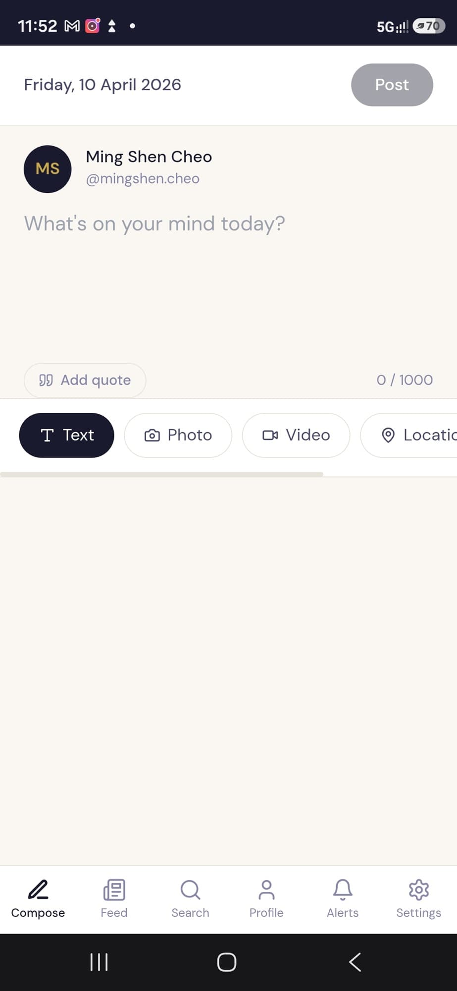 Compose a new post with text, photos, videos, or locations